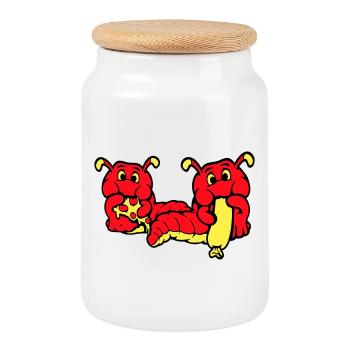 2 Caterpillars Worm Happy Eating Pizza Sausage Eating - Cookie Jar with Wooden Lid - white - Front