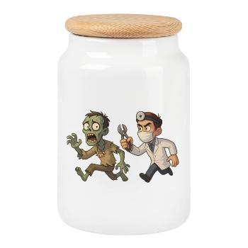 Zombie and Dentist Halloween - Cookie Jar with Wooden Lid - white - Front