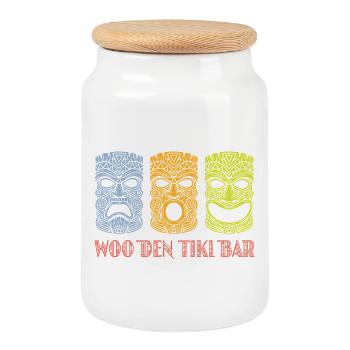 Tiki Bar Wooden Masks, Tiki Retro Exotica Design - Cookie Jar with Wooden Lid - white - Front