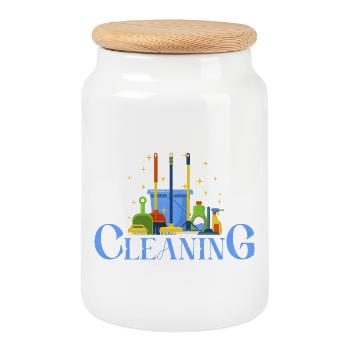Colorful Cleaning Tool Illustration - Cookie Jar with Wooden Lid - white - Front