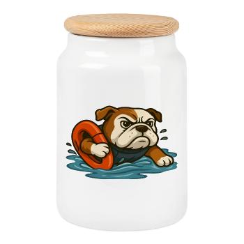 Mascotte bouledogue de sauvetage avec anneau d’eau - Boîte à biscuits avec couvercle en bois - blanc - Devant