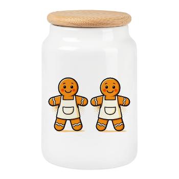Bonhommes en pain d’épices avec tablier - Boîte à biscuits avec couvercle en bois - blanc - Devant
