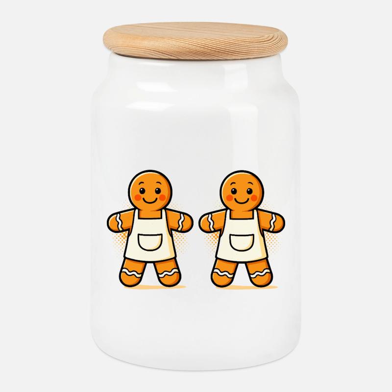 Gingerbread men with apron - Cookie Jar with Wooden Lid - white