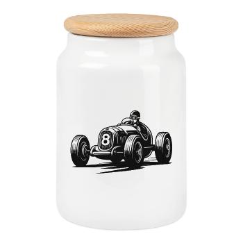 Vintage Rennwagen Fahrer Schwarz-Weiß - Keksdose mit Holzdeckel - Weiß - Vorne