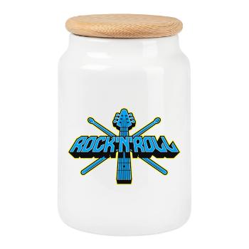 Rock'n'Roll-Gitarre und Drumsticks 3D-Logo - Keksdose mit Holzdeckel - Weiß - Vorne