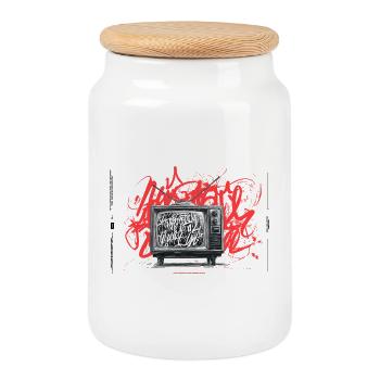 Retro TV Graffiti Chaos - Cookie Jar with Wooden Lid - white - Front