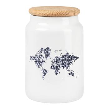 World Map Black and White Floral Design - Cookie Jar with Wooden Lid - white - Front