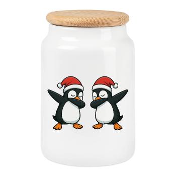 Deux manchots en train de s’asperger en look de Noël - Boîte à biscuits avec couvercle en bois - blanc - Devant