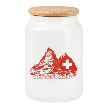 Switzerland-Winter Sports-Ski Mountains - Cookie Jar with Wooden Lid - white - Front