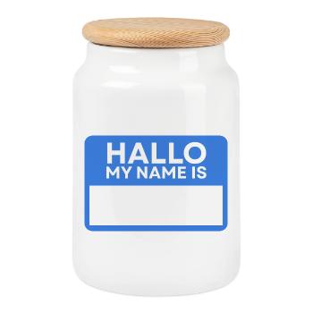 Hello Name Blue Name Badge - Cookie Jar with Wooden Lid - white - Front
