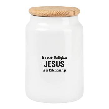 Jésus, c’est une relation - Boîte à biscuits avec couvercle en bois - blanc - Devant