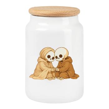 Couple Squelette Chaleureux – Proximité dans les moments de calme - Boîte à biscuits avec couvercle en bois - blanc - Devant