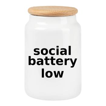 social battery low – Lowercase Stacked Typographic - Cookie Jar with Wooden Lid - white - Front