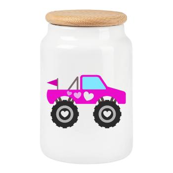 Pinker Monstertruck - Keksdose mit Holzdeckel - Weiß - Vorne