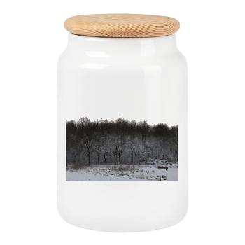 Winterparkbank in verschneiter Landschaft - Keksdose mit Holzdeckel - Weiß - Vorne
