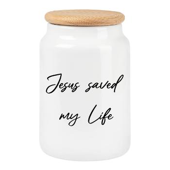 Jésus m’a sauvé la vie - Sauvé par la grâce - Boîte à biscuits avec couvercle en bois - blanc - Devant
