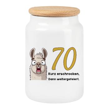 70th birthday – briefly frightened, then celebrated - Cookie Jar with Wooden Lid - white - Front