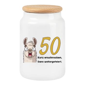 50th birthday – briefly frightened, then celebrated - Cookie Jar with Wooden Lid - white - Front