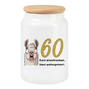 60th birthday – briefly frightened, then celebrated - Cookie Jar with Wooden Lid - white - Front