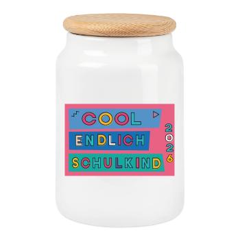 Finally a schoolchild - Cookie Jar with Wooden Lid - white - Front