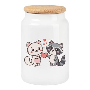 Katzen-Waschbär-Duo kuscheln und lieben - Keksdose mit Holzdeckel - Weiß - Vorne