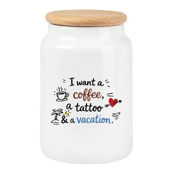 Je veux un café, un tatouage et des vacances - Boîte à biscuits avec couvercle en bois - blanc - Devant