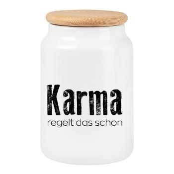 Karma regelt das schon - Keksdose mit Holzdeckel - Weiß - Vorne