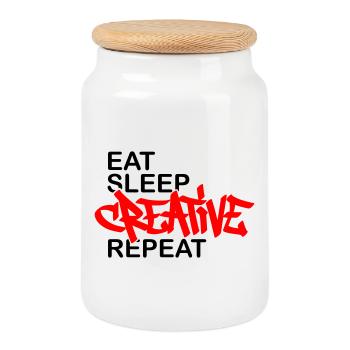 Eat Sleep Creative Repeat - Cookie Jar with Wooden Lid - white - Front