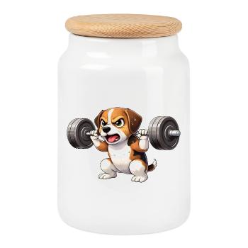 Beagle Workout Bodybuilding Barbell Training Motif - Cookie Jar with Wooden Lid - white - Front