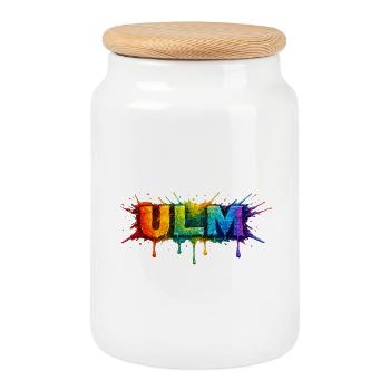 Regenbogenfarben ULM Schriftzug - Keksdose mit Holzdeckel - Weiß - Vorne
