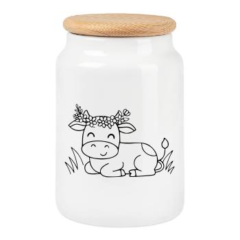 Silhouette de couronne florale de vache Bohème mignonne - Boîte à biscuits avec couvercle en bois - blanc - Devant