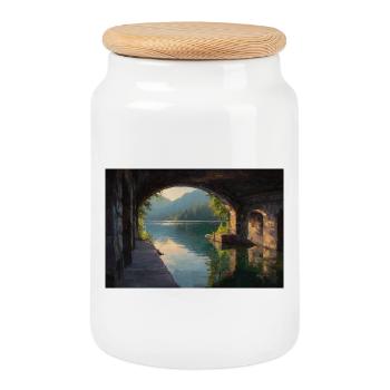 Cozy View at the Window - Cookie Jar with Wooden Lid - white - Front