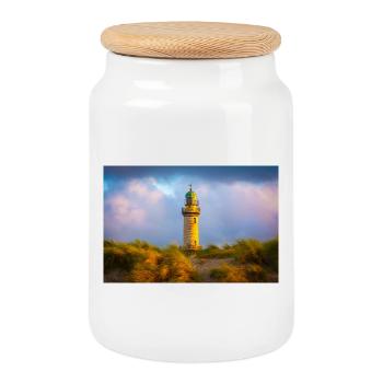Leuchtturm Warnemünde am Abend - Keksdose mit Holzdeckel - Weiß - Vorne