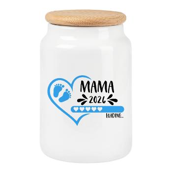 Maman 2026 chargement de Cœur Bébé Pieds Bleus Garçon - Boîte à biscuits avec couvercle en bois - blanc - Devant