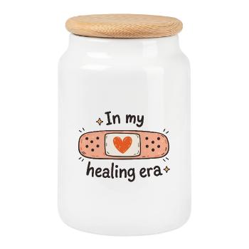 In My Healing Era – Doodle Herz Spruch - Keksdose mit Holzdeckel - Weiß - Vorne