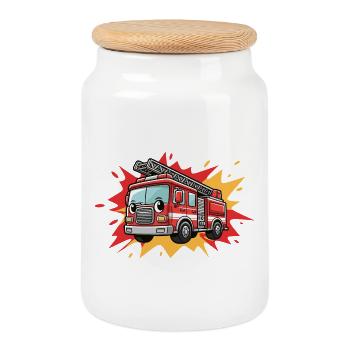 Cartoon-Feuerwehrauto - Keksdose mit Holzdeckel - Weiß - Vorne