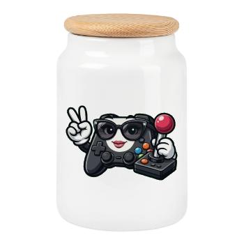 Kawaii Game Controller Peace Sign - Cookie Jar with Wooden Lid - white - Front