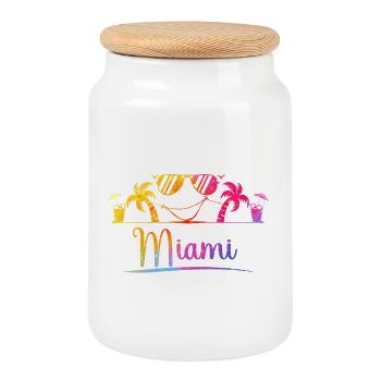 Miami Beach Palm Rainbow Design - Cookie Jar with Wooden Lid - white - Front