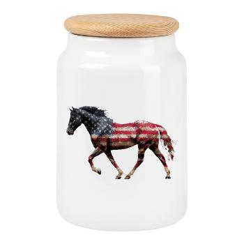 Horse USA Flag - Cookie Jar with Wooden Lid - white - Front