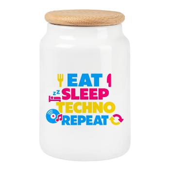 Eat Sleep Techno Repeat Farbexplosion - Keksdose mit Holzdeckel - Weiß - Vorne