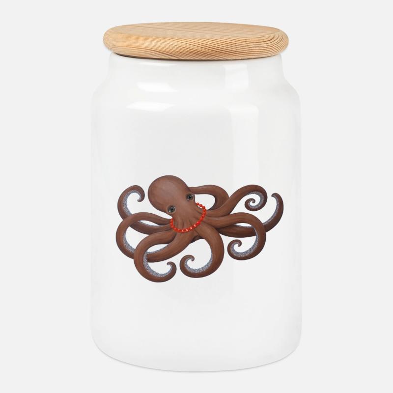 Oktopus mit roter Liebesperle - Keksdose mit Holzdeckel - Weiß