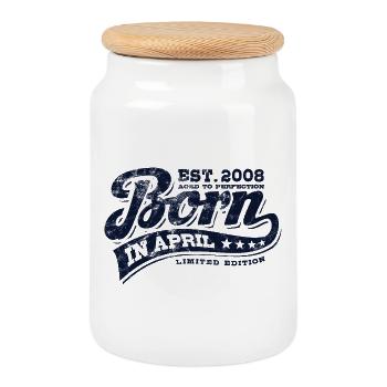 Born in April 2008 - Birthday - Gift - Cookie Jar with Wooden Lid - white - Front