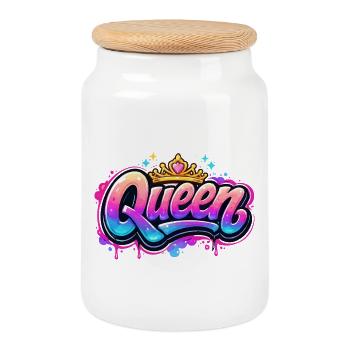 Queen Graffiti Crown Design - Cookie Jar with Wooden Lid - white - Front