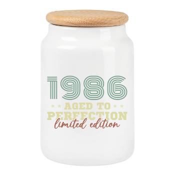 1986 Vintage Retro Birthday Gift - Cookie Jar with Wooden Lid - white - Front