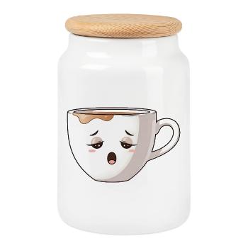 Müde Kaffeetasse Cute Coffee Motiv Kawaii - Keksdose mit Holzdeckel - Weiß - Vorne