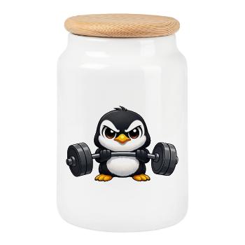 Pinguin mit Hantel Fitness Cartoon - Keksdose mit Holzdeckel - Weiß - Vorne