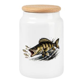 Zander Strike Mode – Predator Fishing Design - Cookie Jar with Wooden Lid - white - Front
