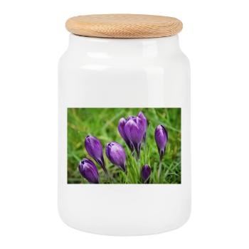 Grappe de crocus violet dans le jardin de printemps - Boîte à biscuits avec couvercle en bois - blanc - Devant