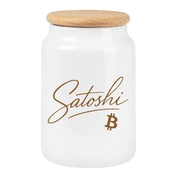 Edles Satoshi Motiv für Bitcoin Fans & Miner - Keksdose mit Holzdeckel - Weiß - Vorne