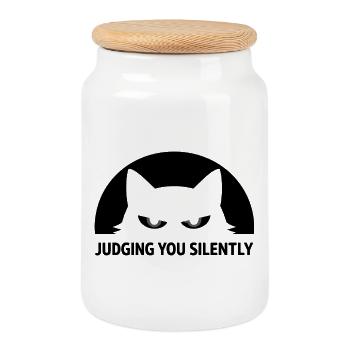 Chat Jugement Silencieux Humour Noir - Boîte à biscuits avec couvercle en bois - blanc - Devant